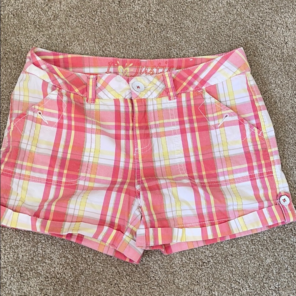 Justice plaid shorts with button detail